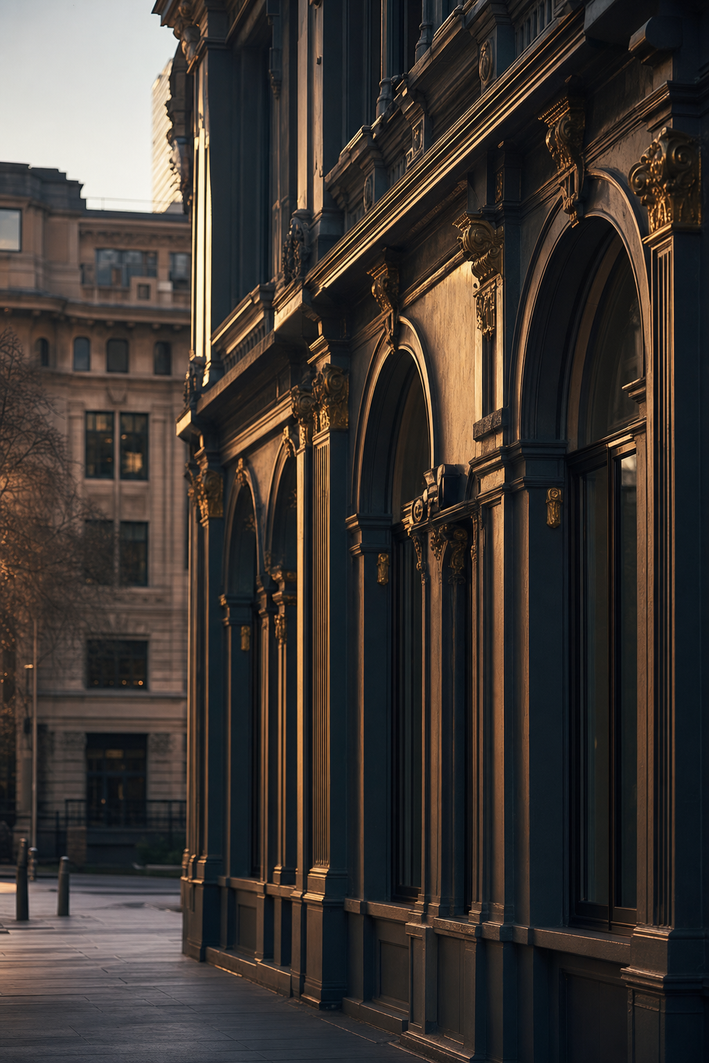 Heritage stone facade with gilded architectural detail